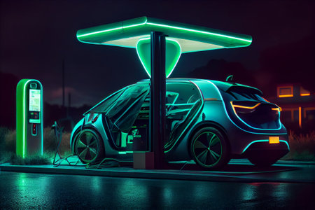 Electric car at the charging station. Generative AI. Neon light.の素材
