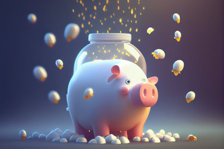 Piggy bank with coins flying out of a jar. Generative AIの素材