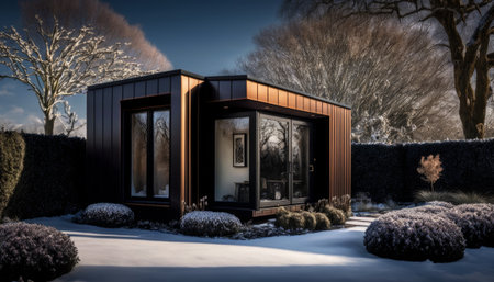 Generative AI of a modern wooden house in winter with snow.の素材