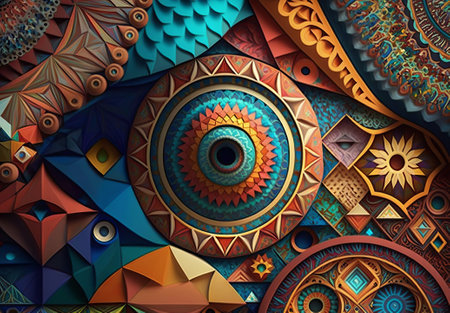 Abstract colorful background with geometric ornament stained glass. Generative AIの素材