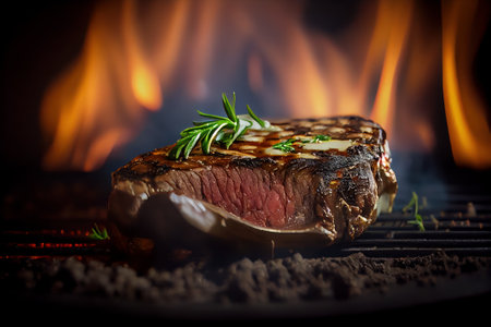 Grilled beef steak with rosemary on barbecue grill, close up. Generative AIの写真素材