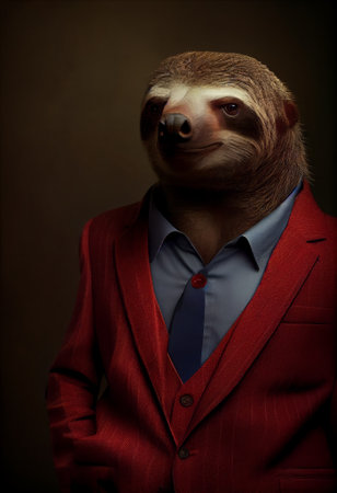 Portrait of a sloth in a red jacket and blue tie, Generative AIの写真素材