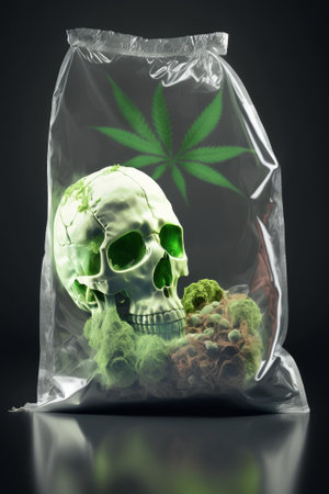 Skull and marijuana leaf in a plastic bag on a dark background. Generative AIの素材