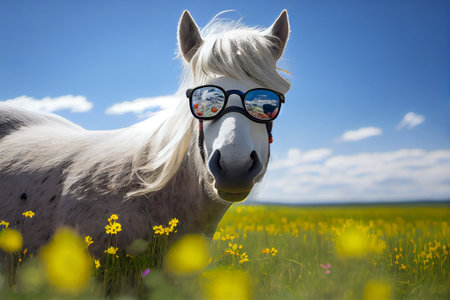 White horse with glasses on the meadow with yellow flowers and blue sky. Generative AIの素材