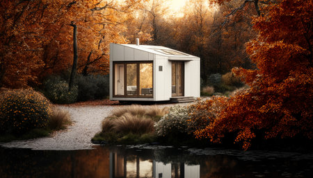 Generative AI of a modern house in the autumn forest with a lakeの素材
