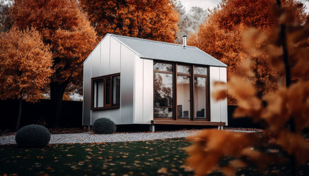 Modern house in autumn park. Generative AIの素材