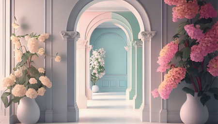 Generative AI of the interior of a room decorated with flowers.の素材