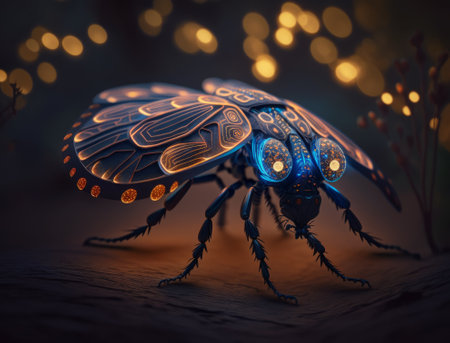 Blue beetle on a dark background with bokeh. Generative AIの素材