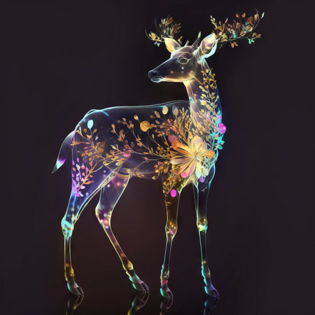 Generative AI of a deer with a floral ornament on a black backgroundの素材
