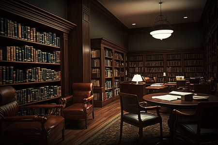 Generative AI of an old library interior with bookshelves.の素材