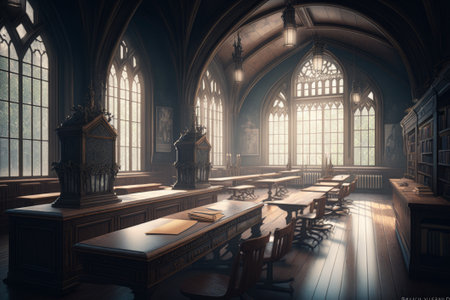 Interior of an old school library, Generative AIの素材