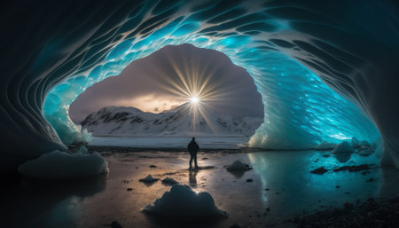 Ice cave in Iceland with a man standing in front of it. Generative AIの素材