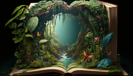 Open book with fantasy forest and river on black background. Generative AIの素材