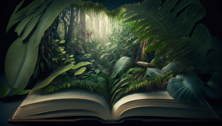 Conceptual image of an open book with green plants in the forest. Generative AIの素材