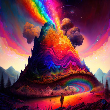 Fantasy landscape with mountains, forest and rainbow in the sky. Generative AIの素材