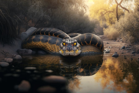 Reticulated python in the river. Generative AIの素材