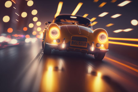 Retro car on the road at night. Generative AIの素材