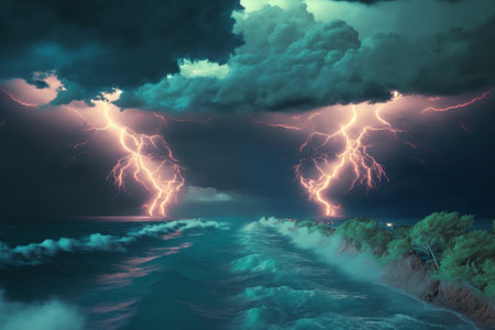 Stormy sky with lightning and stormy sea. Generative AIの素材