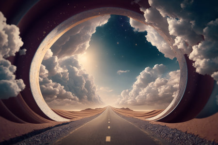 Conceptual image of road in the desert with clouds and sky. Generative AIの素材