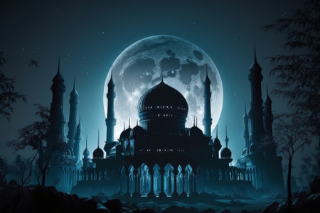 Ramadan Kareem background with mosque and full moon. Generative AIの素材