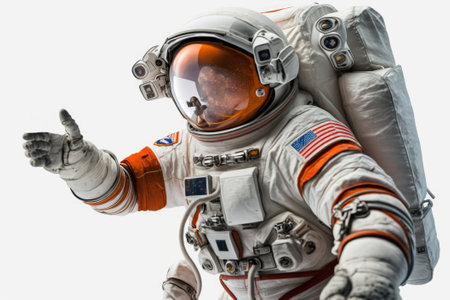 Astronaut in space suit pointing at something isolated on white background. Generative AIの素材