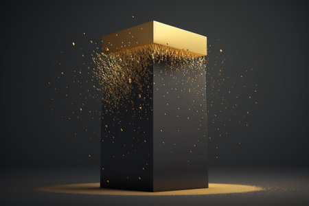 Abstract Generative AI rendering of a black box with gold dust particles.の素材