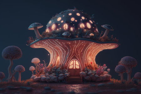 fantasy landscape with fantasy mushroom house. Generative AI illustration.の素材