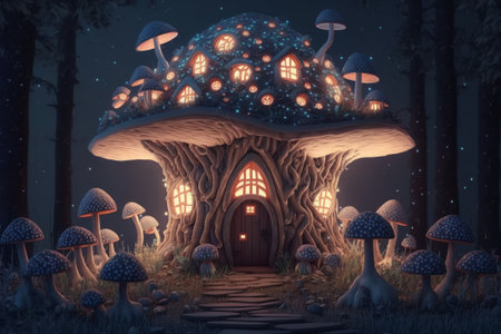Mystical mushroom house in the forest. Generative AI illustration.の素材
