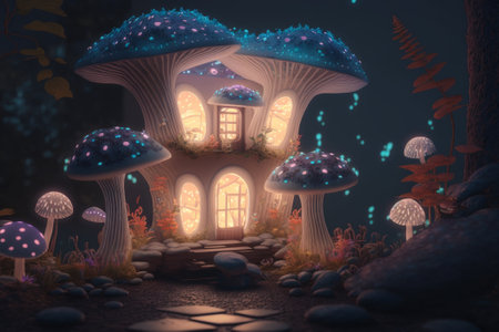 Mushroom house in the forest. Fantasy landscape. Generative AI illustration.の素材