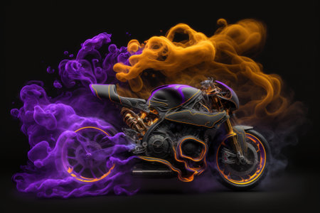 Generative AI illustration of a motorcycle with flames and smoke on a black backgroundの素材