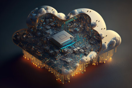 Cloud computing concept. Generative AI illustration of cloud computing with circuit boardの素材