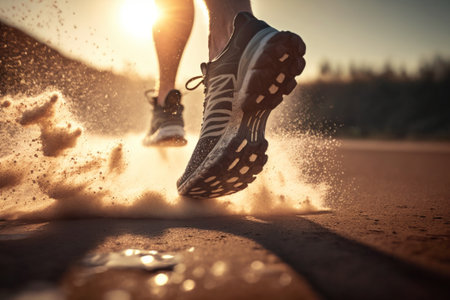 Runner feet running on asphalt road. woman fitness jogging workout wellness concept. Generative AIの素材