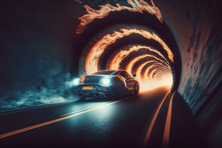 Car driving through a tunnel. Generative AIの素材