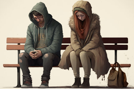 Homeless man and woman sitting on a bench in the city. Generative AIの素材