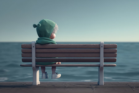 Little boy sitting on a bench by the sea. Generative AIの素材