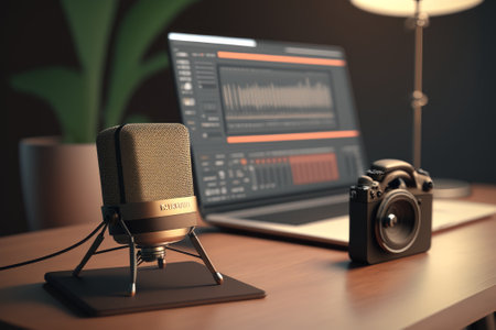 Microphone and laptop on a wooden table. Generative AIの素材