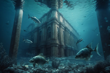 Underwater scene with shipwreck and fish. Generative AIの素材