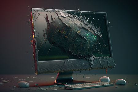 Broken computer monitor with broken screen on table. Generative AIの素材