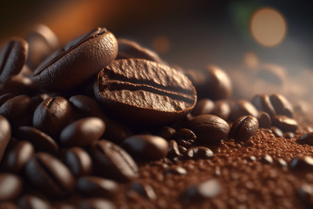 Coffee beans on brown background with bokeh effect. Generative AIの素材