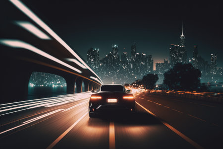 car on the road with motion blur and city background, night scene. Generative AIの素材
