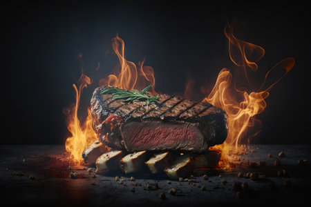 Grilled beef steak on fire with smoke and flames on dark background. Generative AIの素材