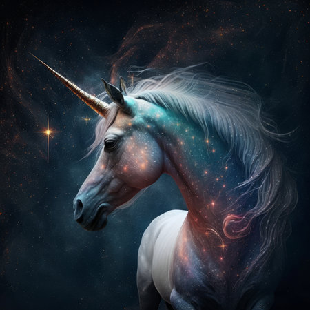 Unicorn in space with stars and fire effect. Fantasy illustration Generative AIの素材