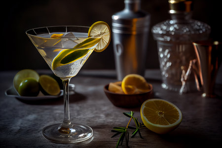 Cocktail with lemon and olives on a dark background. Generative AIの素材