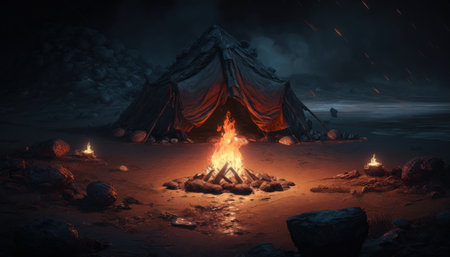 Illustration of a bonfire in the night, Generative AIの素材