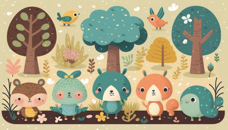 Cute animals in the forest. Generative AI illustration, flat style.の素材