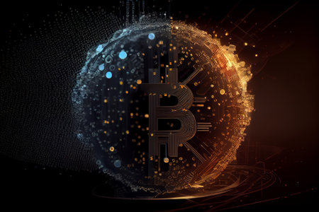 Bitcoin symbol on digital background. Cryptocurrency concept. Generative AIの素材