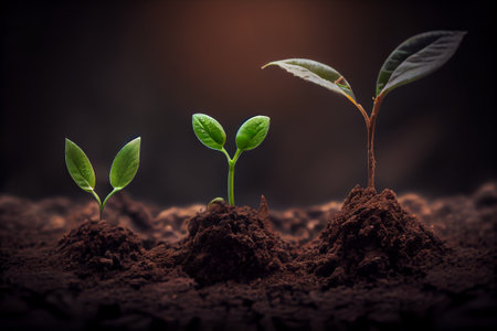 Three plants growing in the soil. Generative AIの素材