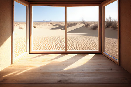 A room with a window that says sand dunes in the background.  Generative AIの素材