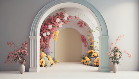 A Generative AI model of a room with flowers and a pillar.の素材
