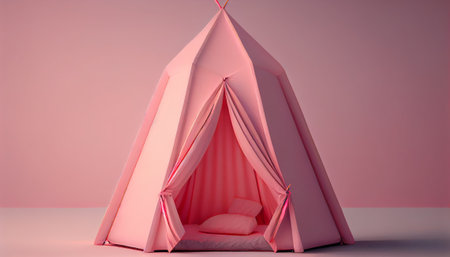A pink tent with a pillow on it in a pink room. Generative AIの素材